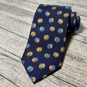 Thanksgiving “Turkey” tie. Multi-colored Turkeys on Dark Blue 100% Silk.